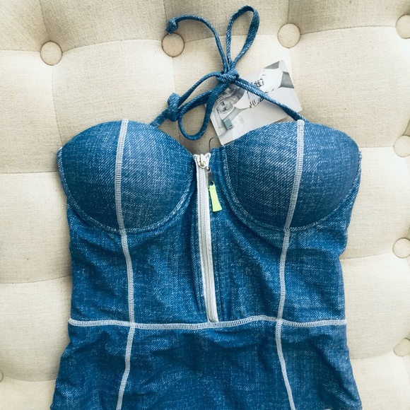 NEW SHERYDIN FISHER DENIM Sweetheart CORSET ONE PIECE Bathing Swimsuit NWT - Picture 3 of 11